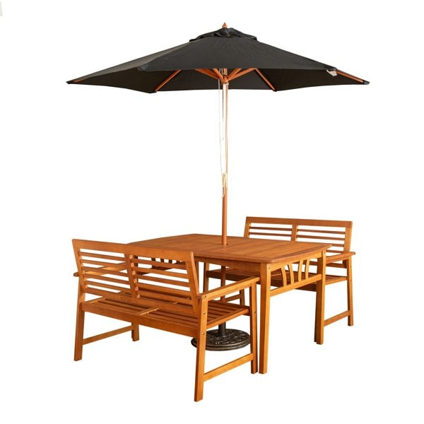 Samuel Alexander Outdoor 4 Person Rectangular Wooden Garden Table, 2 Benches with Black Parasol & Base Furniture Set