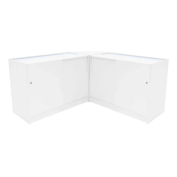 White Andromeda LED Shop Counter Set with sleek design, featuring two C1200 display units and a corner configuration for optimal space usage