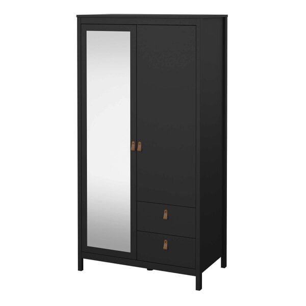 Wyld Haus Wildberry Matt Black Wooden Mirror Wardrobe  2 Doors 2 Drawers Leather Handles