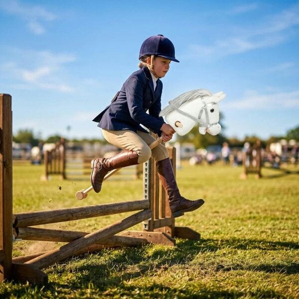 Bobobiy Hobby Horse with Wood Wheels, Stick Horse with Grip Handle, Hoofbeats Neighing, Gift for Imaginative Play, 95 cm, White