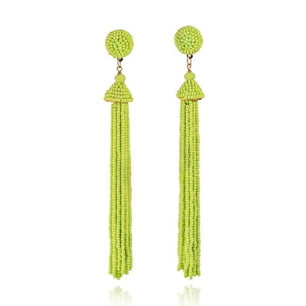 Zavana Long Bright Green Beaded Tassel Earrings for Women