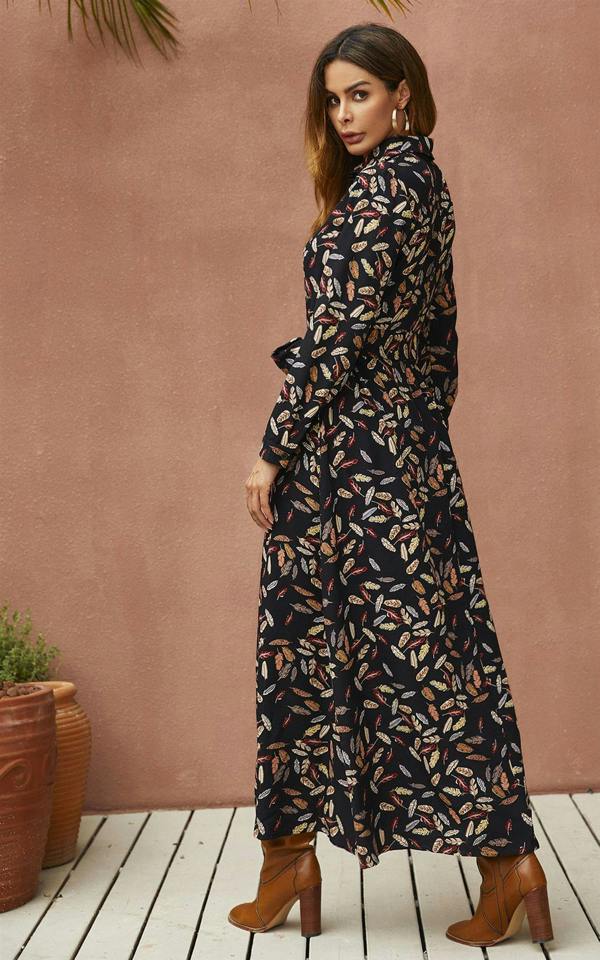 FS Collection Leaf Print Black Shirt Dress With Tie Waist + Free Gold Stretch Leaf Belt