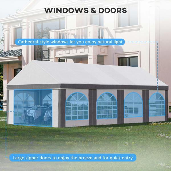 Light grey marquee gazebo with white roof and blue-tinted arched window panels