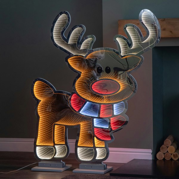 Samuel Alexander 1.20m x 1.9m Light up Cute Christmas Reindeer Infinity Mirror Decoration with Multi-Coloured LEDs