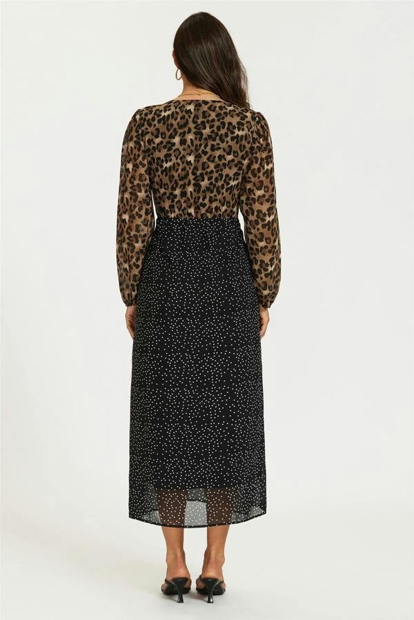 FS Collection Black Dot & Brown Leopard Print Long Sleeve Maxi Dress