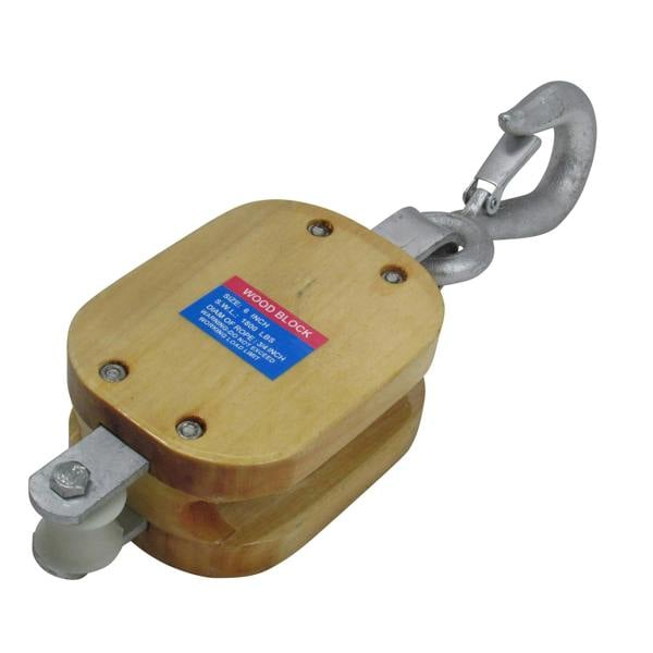 Single Pulley Block With Swivel Hook 8" (2.1 Ton Wooden Snatch Double Treble Eye Shackle)