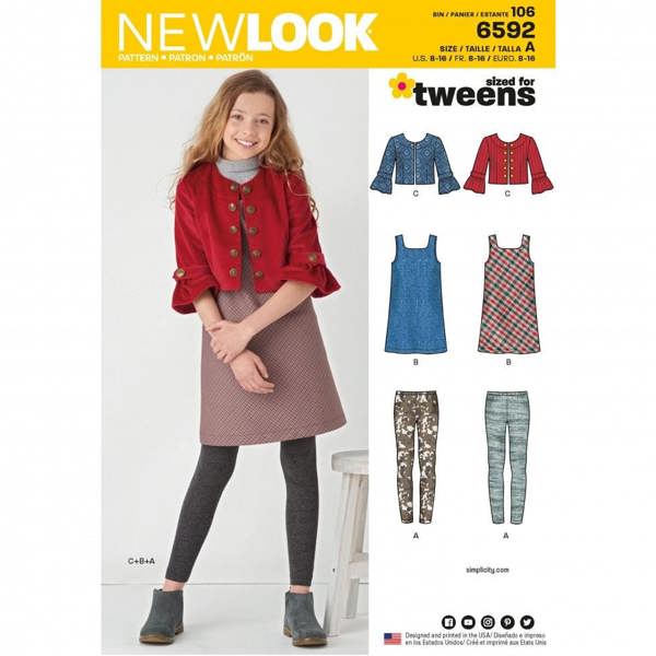 New Look Sewing Pattern 6592, Jackets, Dresses, Leggings for Kids, Teenagers, A (8-10-12-14-16) - Intermediate