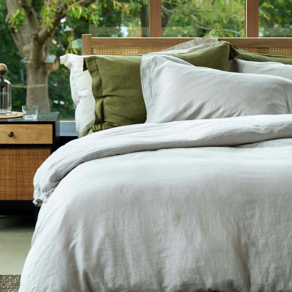 Light Grey French Linen 40cm Deep Fitted Sheets in a styled bedroom 2 | Soak and Sleep