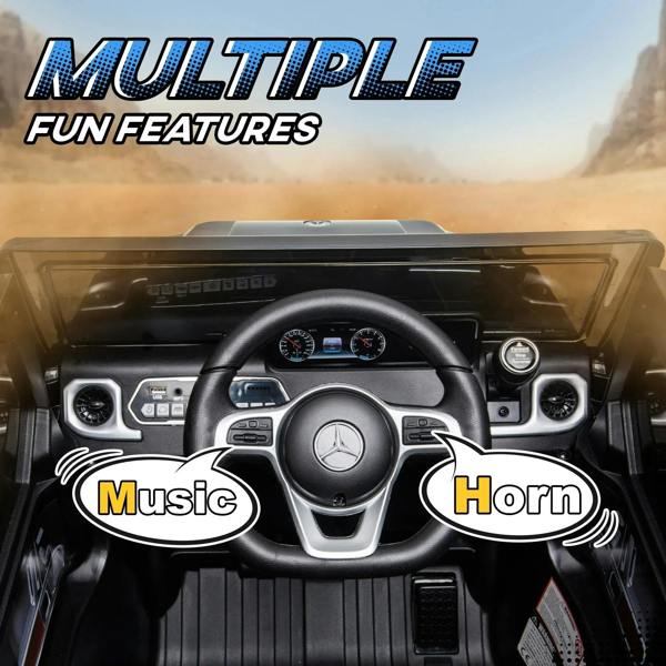 Black kids electric ride-on car interior with steering wheel and dashboard controls