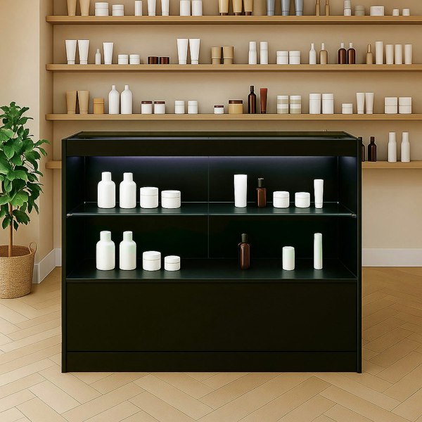 Black LED retail shop counter C1200 with glass shelves, showcasing various white and brown containers against a neutral background