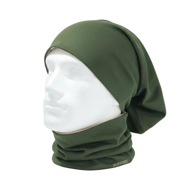 Reversible stretchy Snood, Country Green and Stone supersoft RUFFNEK scarf. Two scarves shown one as a neck warmer / neck gaiter and the other as a headscarf worn on a male mannequin head.