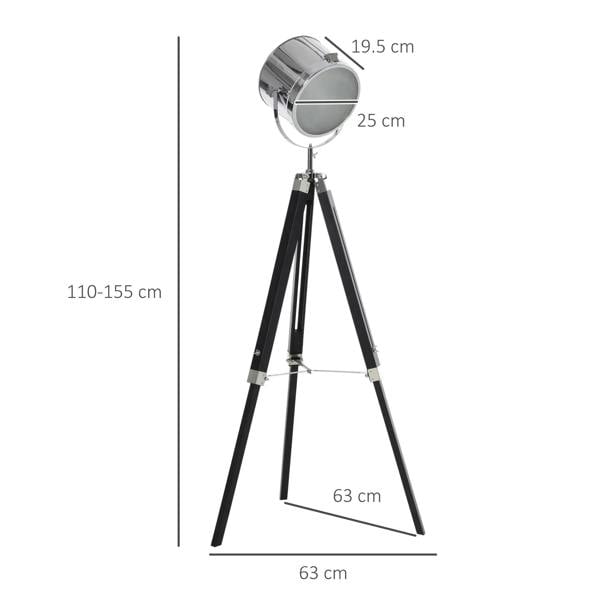 Chrome spotlight-style floor lamp with black tripod legs; size measurement view