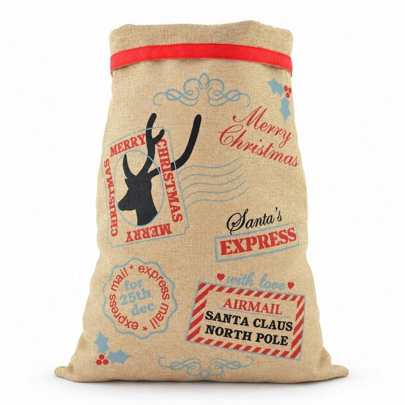 Shatchi Large Hessian Santa Sack with Airmail Design, 70 x 50 cm, Brown Christmas Gift Bag - 1 Pack - Black - Hanging decoration set