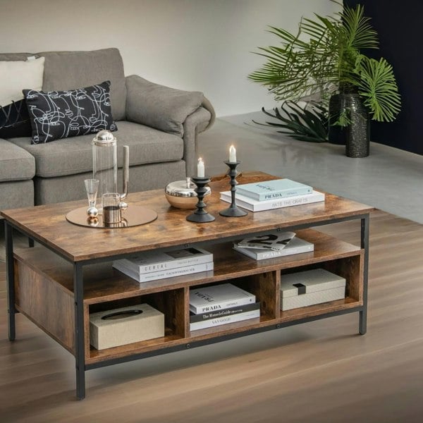 Rafaelo Mobilia Industrial Wooden Coffee Table With Storage Shelves