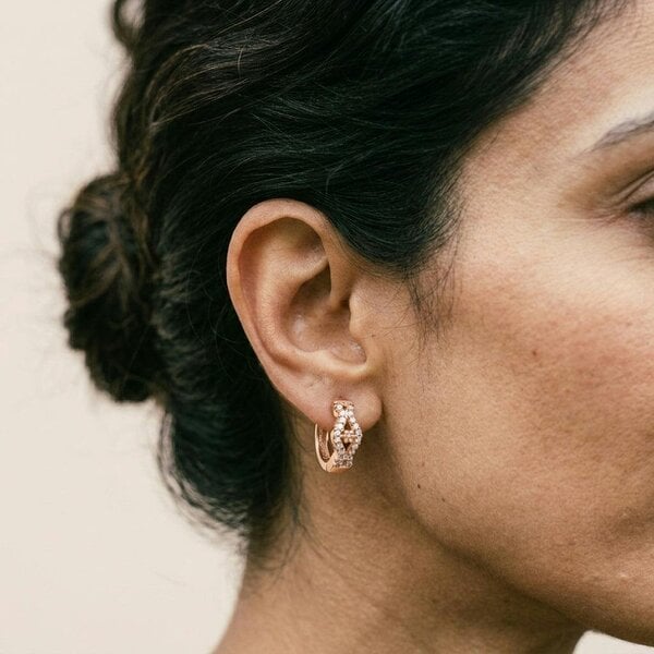 The Colourful Aura Rose Gold Crystal Huggie Hoop Earrings with Floral CZ Detail