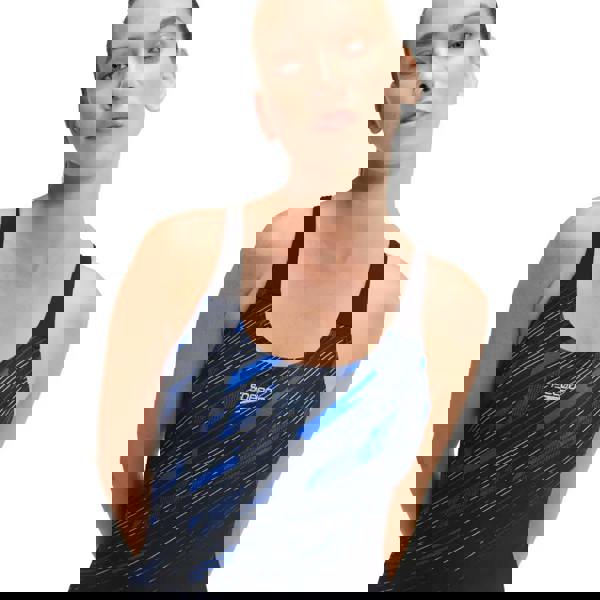 Speedo Hyperboom placement muscleback swimsuit in black blue with abstract pattern