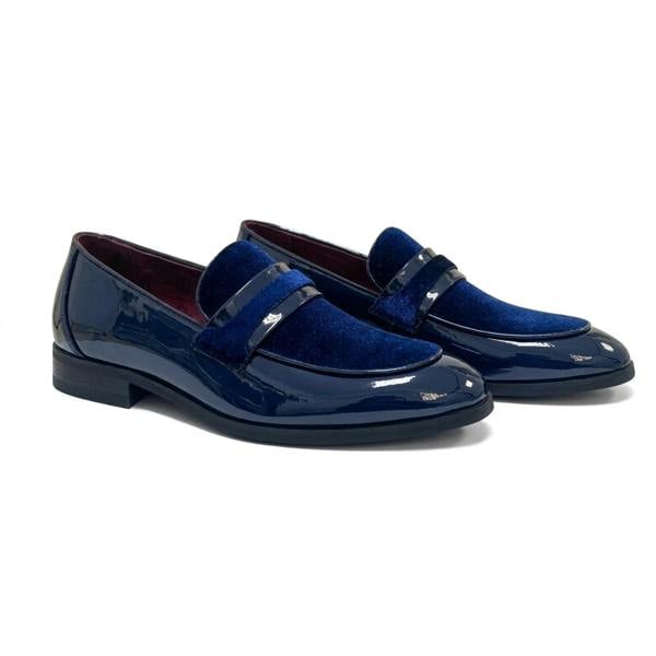 Dolcetto Men's Slip On Vegan Leather Velvet Detailed Patent Loafers