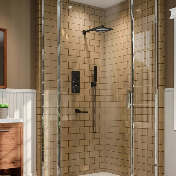 Chrome Square/Round Thermostatic Handshower and Showerhead Mixer Set Shower Systems Living and Home Black Square Showerhead