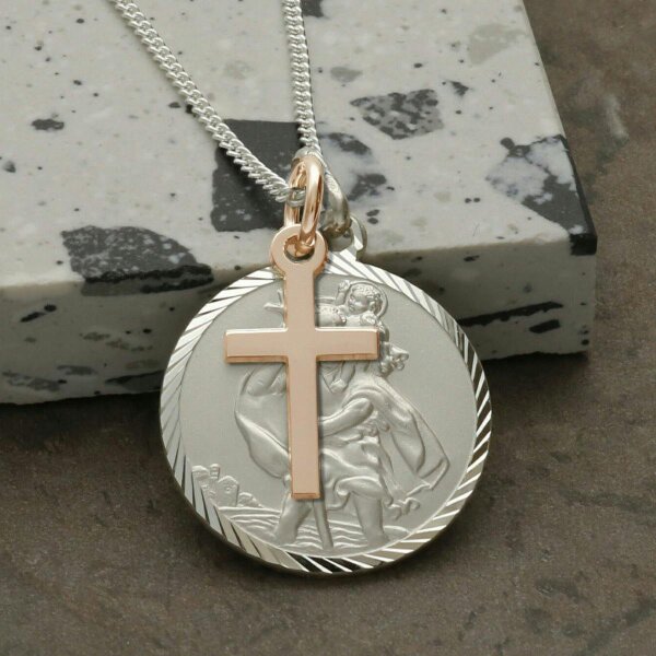 Christopher James of London Sterling Silver Diamond Cut 20mm St Christopher Pendant With Optional Engraving and Chain