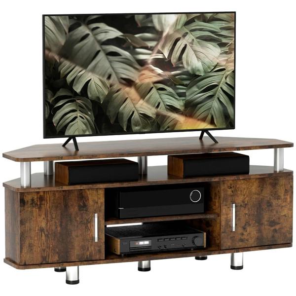 Rustic brown TV unit cabinet with two side doors, open center shelf, black media tray