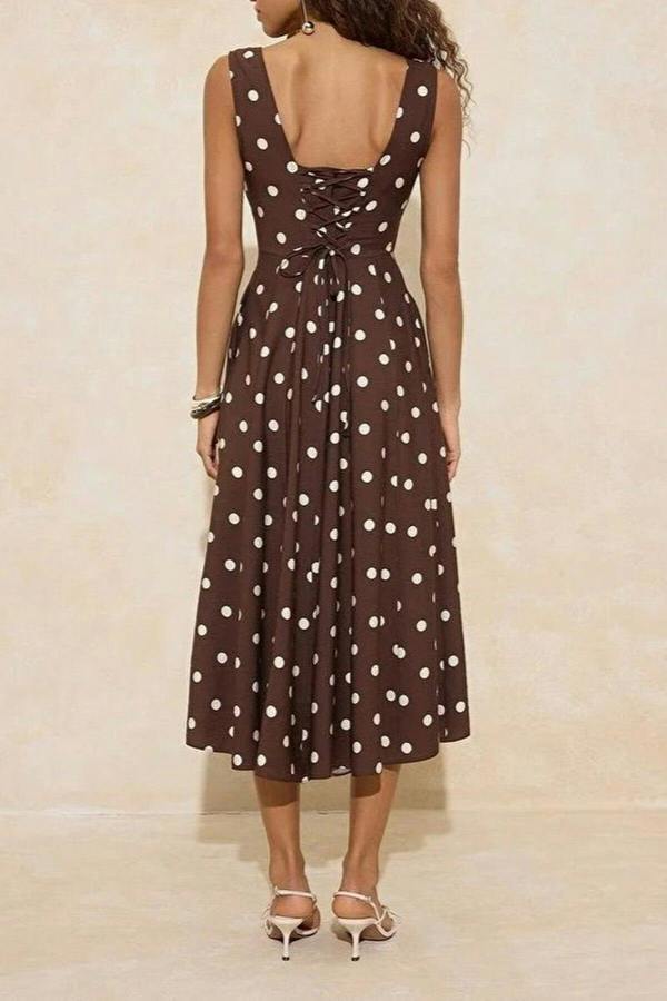 WOVCOR Polka Dot Tie Detail Midi Woven Dress