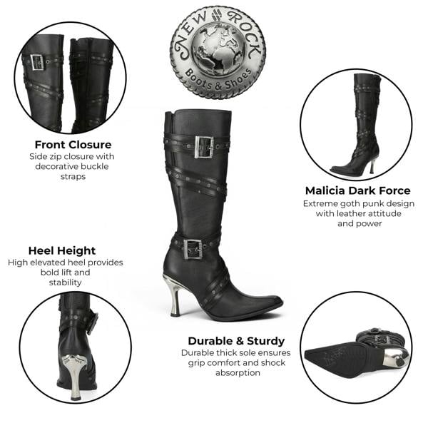 New Rock Womens Black Leather Gothic Knee-High Heeled Boots - M-9029-C10