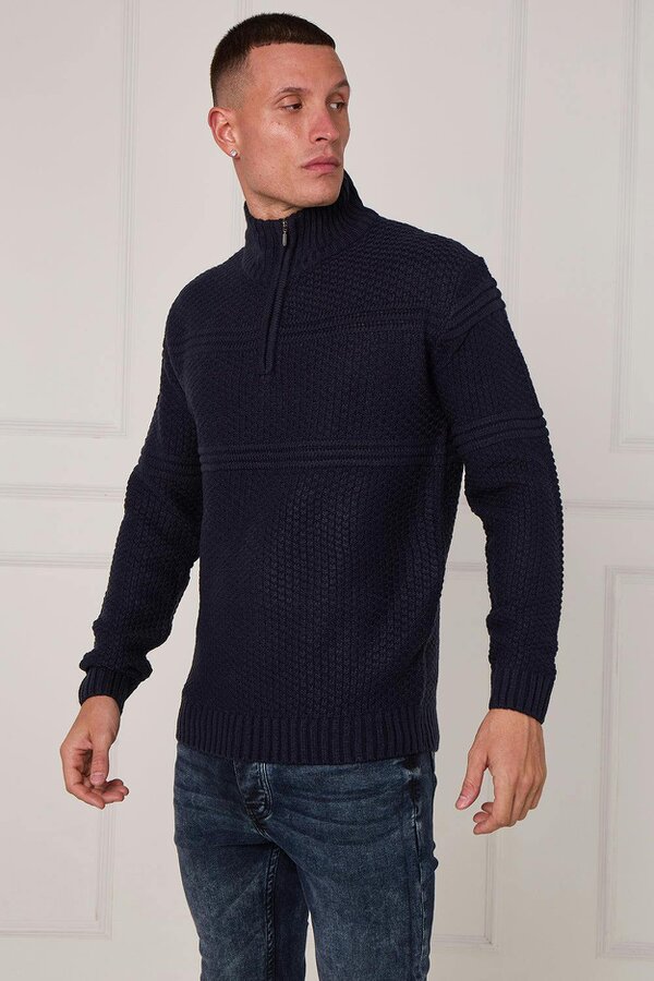 Elaina Fashion Men’s Textured Half Zip Jumper - Navy