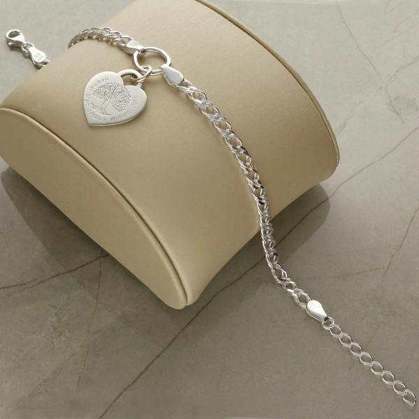 Christopher James of London Sterling Silver Personalised Tree of Life Heart Charm Double Curb Bracelet