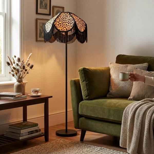 Leopard Print Velvet Victorian Lamp Shade with Black Trims and Tassels Image 6