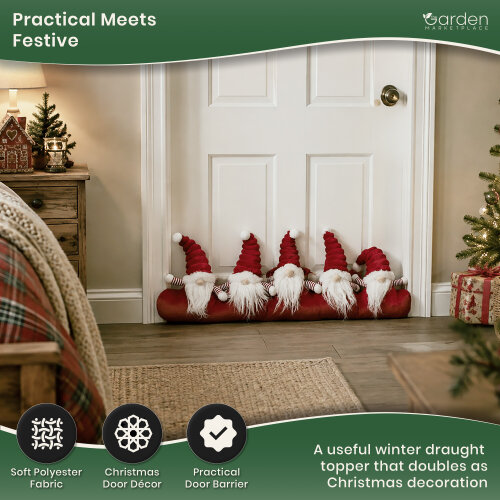 Christmas Draught Excluder with Red Gonk Design, Soft Door Snake with 5 Gonks, Polyester Fabric, 73cm Wide x 28cm High, Fun Seasonal Draught Stopper