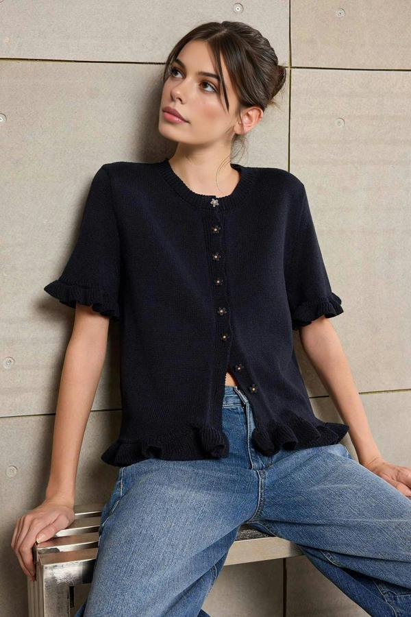 WOVCOR Flower Button Detail Crew Neck Knit Blouse