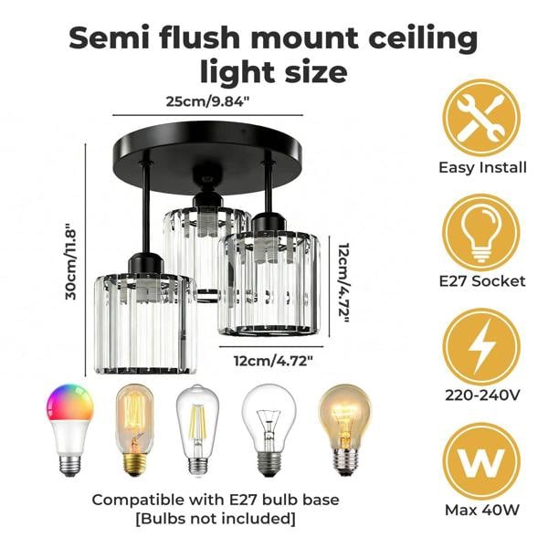 Emitto Crystal Ceiling Light 3 Light E27 Chandelier Semi Flush Mount Lamp Black