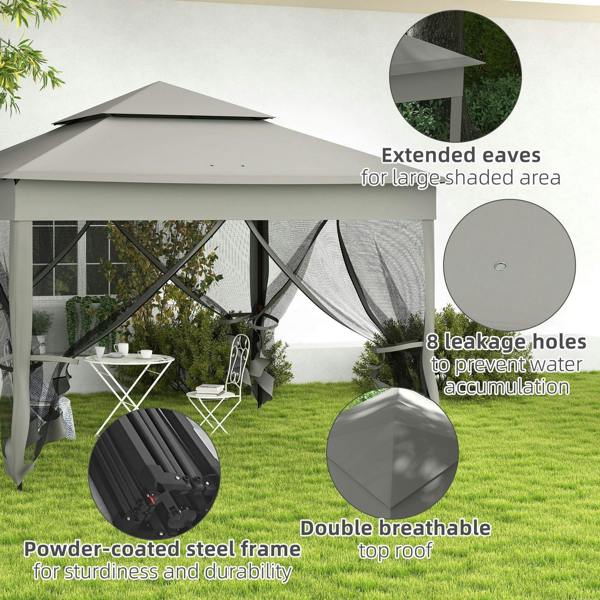 Dark grey double-roof gazebo with extended eaves and mesh netting side panels