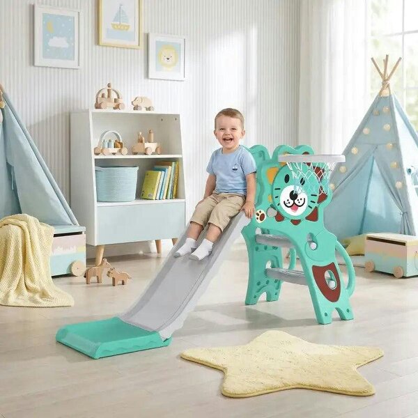 Baby Slide with Basketball Hoop, Climber, Easy to Assemble Kids Slide for Indoor Use, for Ages 18-36 Months - Blue - Blue