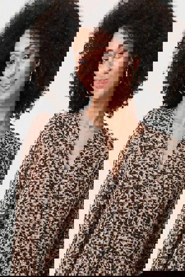 Beige | Animal Print Long Sleeve Short Dress
