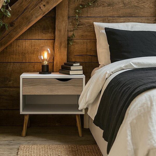 Wyld Haus Sapporo White and Natural Oak Bedside 1 Drawer