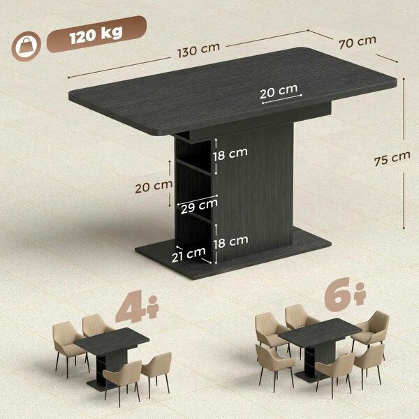 Extendable Dining Table for 4-6 People, 110-130cm Kitchen Table with 6 Open Shelves, Black