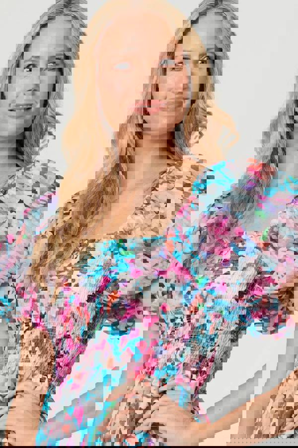 Pink | Abstract Puff Sleeve Shirred Midi Dress