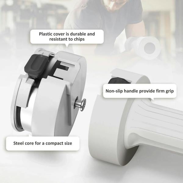 White adjustable dumbbell close-up with non-slip handle grip and protective plastic shell