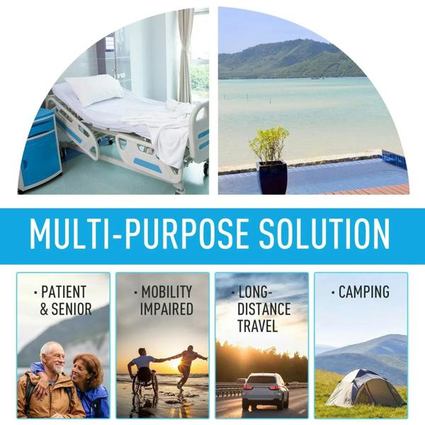 Portable camping toilet multi-purpose brochure graphic with outdoor use icons