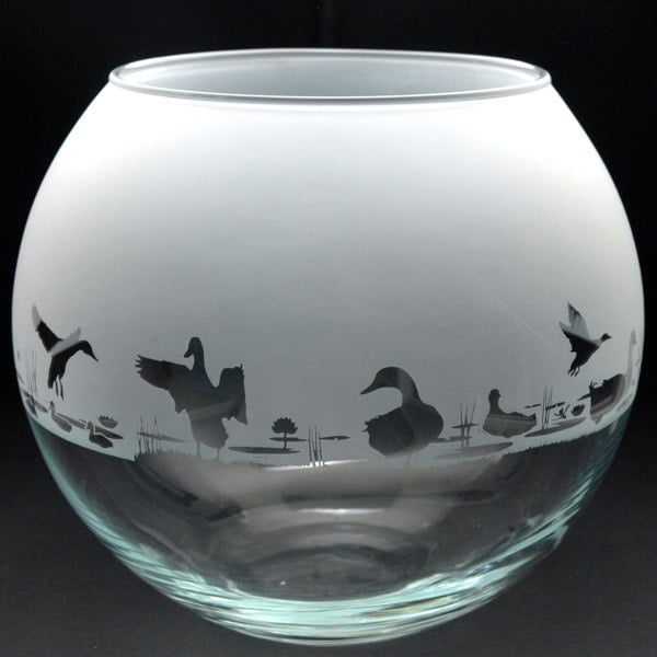 Glyptic Glass Art Duck Glass Flora Bowl Vase - Hand Etched/Engraved Gift