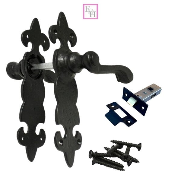 EDH Door Hardware Black Cast Iron Fleur-de-Lys Door Handles – Lever Latch, Bathroom Lock & 3 Lever Lock Sets