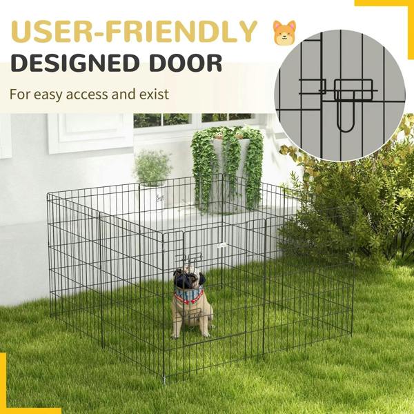 Black wire pet playpen with user-friendly hinged door and corner panels, outdoor setup