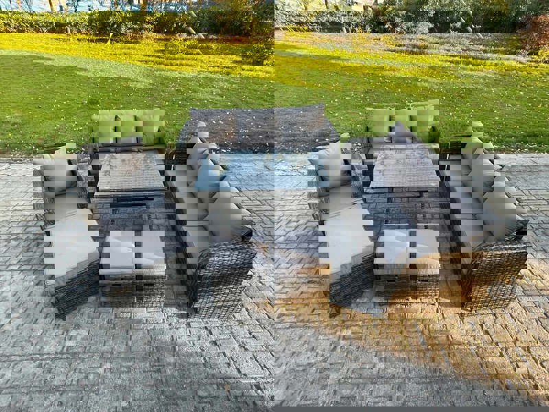 Fimous Wicker 7 Pieces Rattan Garden Furniture Sofa Set with Rectangular Dining Table Armchair 3 Footstools Dark Grey Mixed