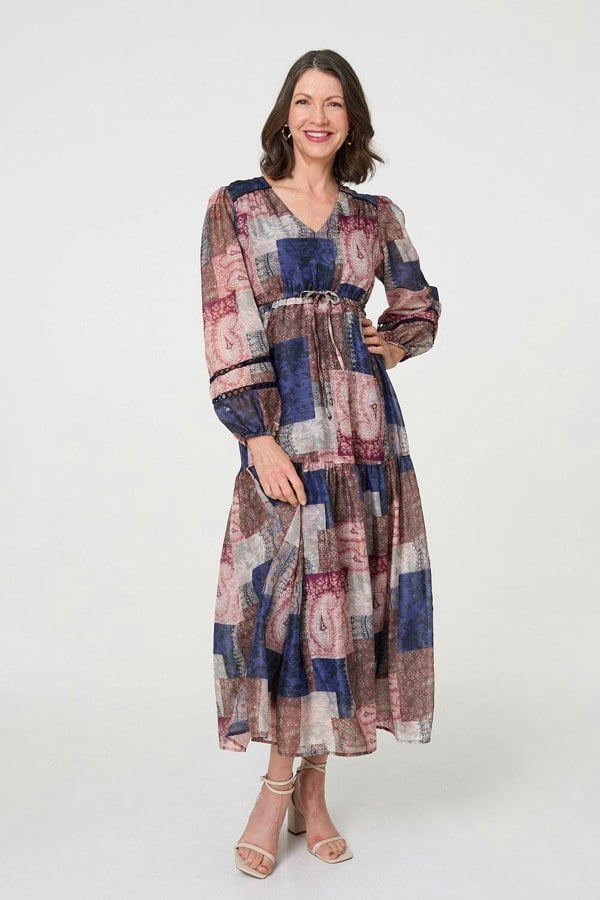 Navy | Patchwork Print Empire V-Neck Maxi Dress
