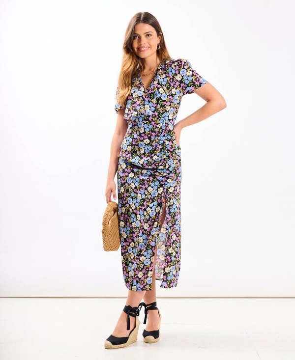 Multicoloured Floral Wrap Midi Dress