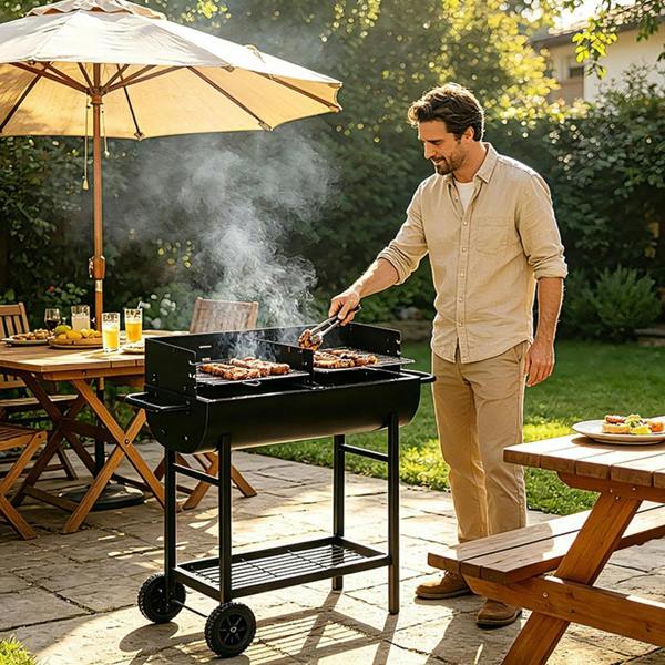 Gr8 Garden Charcoal BBQ Grill Half Barrel Dual Zone Garden Trolley Barbecue Adjustable Height Outdoor Cooker