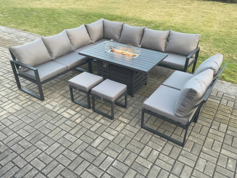 Fimous Aluminium 11 Seater Lounge Corner Sofa Outdoor Garden Furniture Sets Gas Fire Pit Dining Table Set with 2 Small Footstools Dark Grey