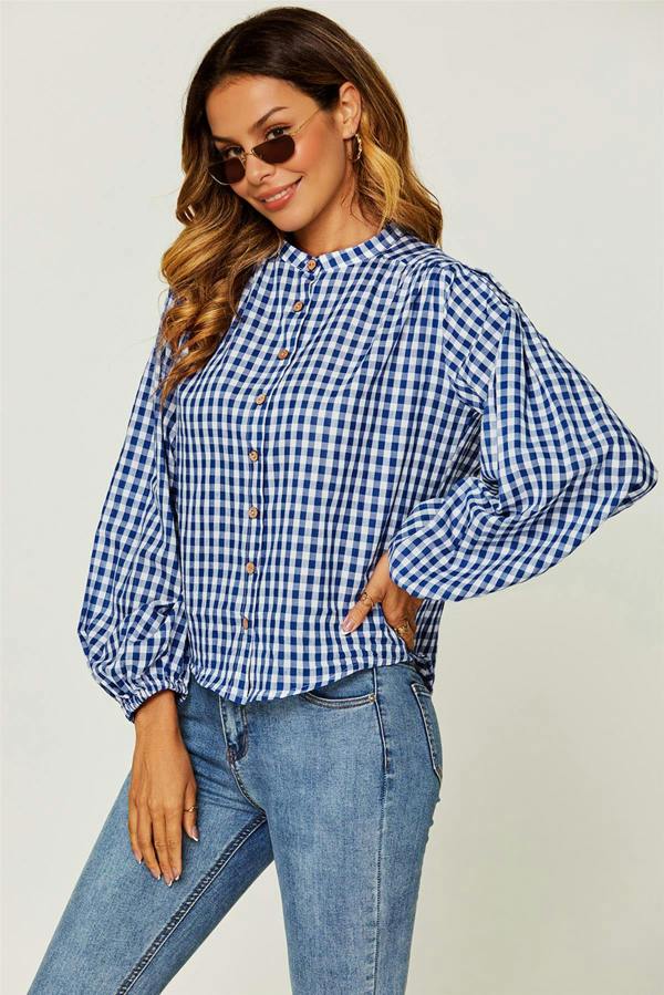 FS Collection Gingham Print Band Collar Blouse Top In Blue