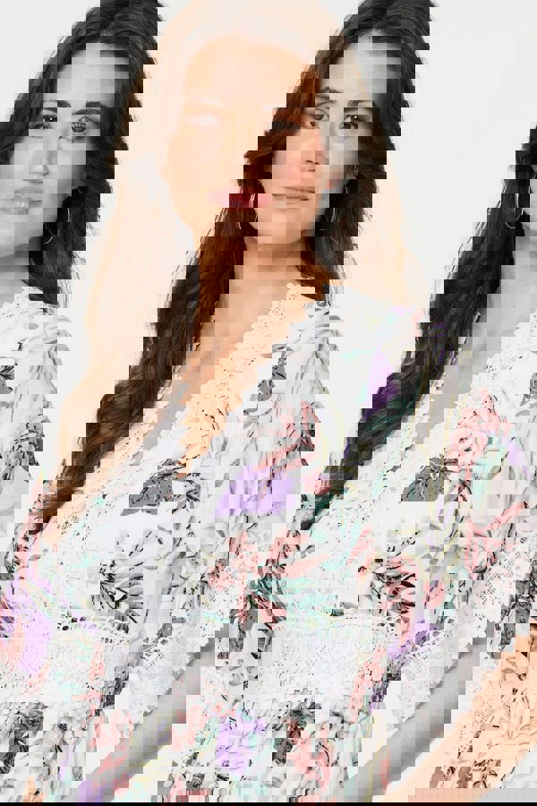 White | Leaf Print Lace Trim Short Dress